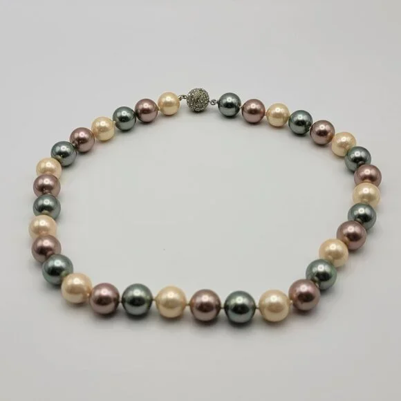 Multicolor Pastel Glass Pearl Beaded Necklace 18 Inch Crystal Pave Clasp 12mm